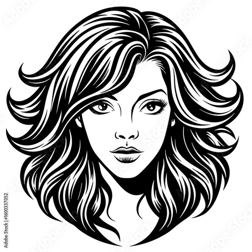 Vector art of a striking black white illustration of a woman face with voluminous
