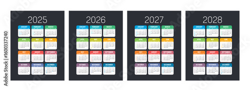 Colorful USA calendar set, year 2025 2026 2027 2028 planner, dark background english language
