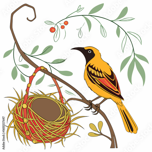 Vector art of a vibrant yellow oriole bird perches on a branch next to its intricately