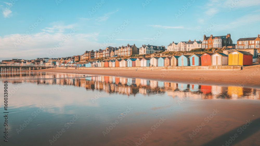 Obraz premium A coastal view of colorful beach huts and houses reflecting in the calm waters under a clear sky
