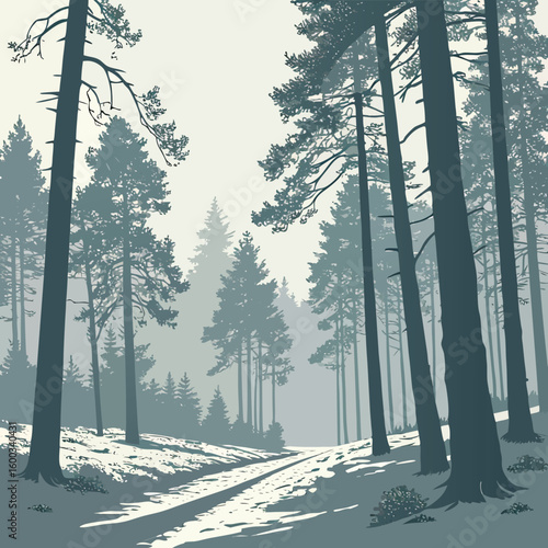 A stylized scene shows a snowy forest path lined with tall, thin trees. The art has limited color and a calm, serene mood.

