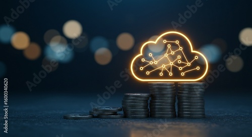 A glowing network cloud sits above stacks of coins representing growth and data storage costs and cloud-based financial solutions.