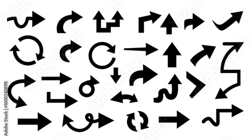 A collection of various black arrow silhouettes vector.