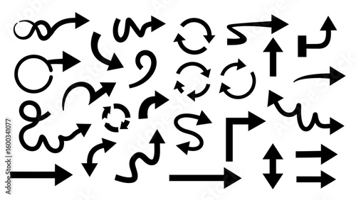 A collection of various black arrow silhouettes vector.