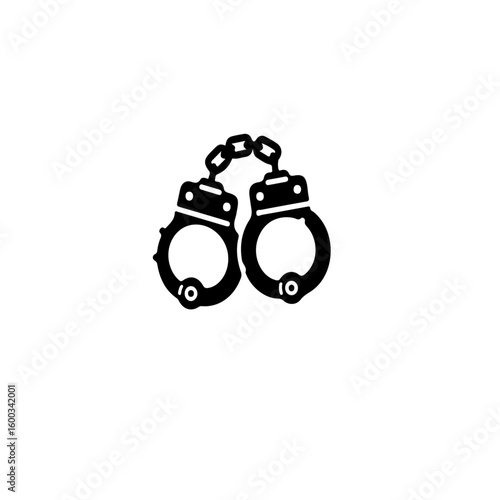 A black and white graphic illustration of a pair of metal linked handcuffs