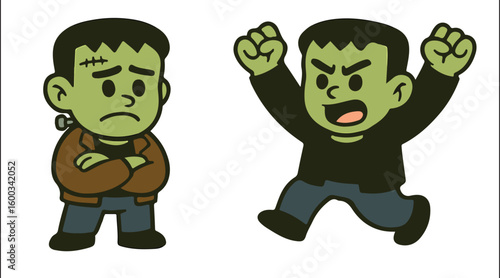 Frankenstein Cartoon Characters – Angry and Sad Emotion Expressions Vector Set