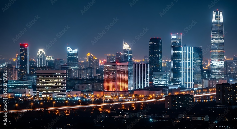 Fototapeta premium Stunning Panoramic View of a Modern Cityscape Illuminated Against the Night Sky