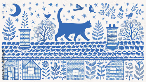 A blue cat walking on a roof with chimneys, houses, birds, moon, stars, and plants in a folk art style silhouette