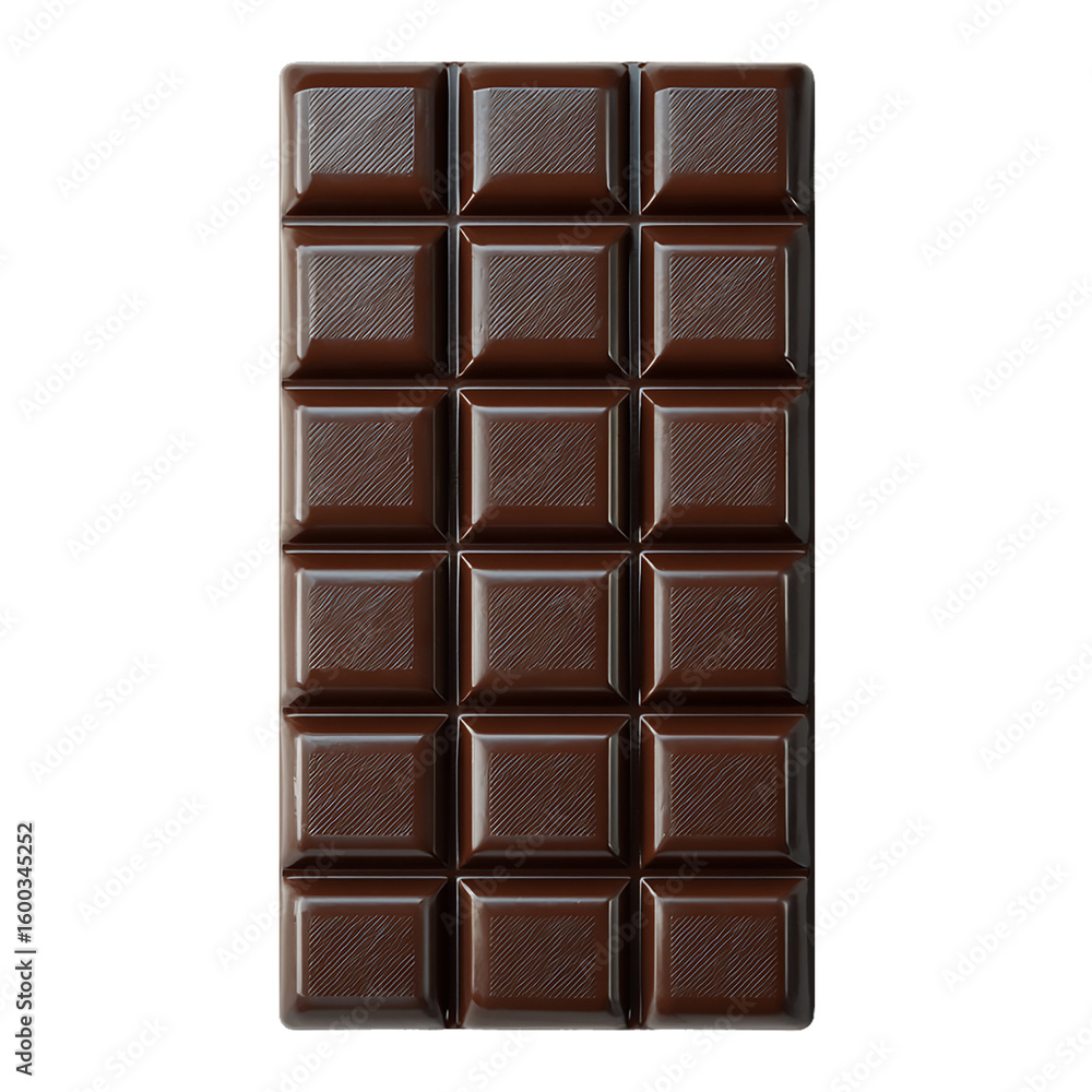 Fototapeta premium An isolated overhead view of a segmented dark chocolate bar isolated on transparent background