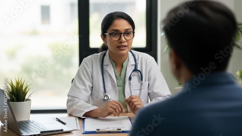 India doctor consults with patient in sunny office for healthcare solution. Suitable for medical, healthcare, Indian culture, consultation concepts.