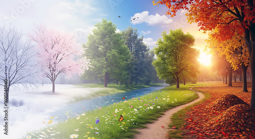 All seasons of nature from winter to fall in one image