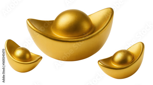 Free shining Chinese gold ingots rest against a transparent background