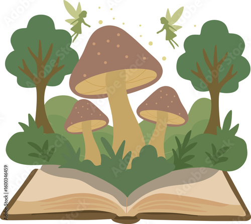 Magical Forest Pop-Up Book.A fantasy forest with glowing mushrooms, trees, and flying fairies rises from a book in whimsical paper-cut style.