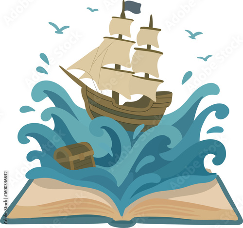 Pirate Ship Pop-Up Book.A pirate ship rides the paper-cut waves with treasure and seagulls bursting out of the open book.

