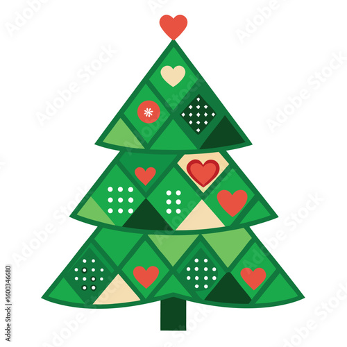A beautiful folk art Christmas tree with intricate green patchwork patterns, celebrating handcrafted charm and festive tradition.