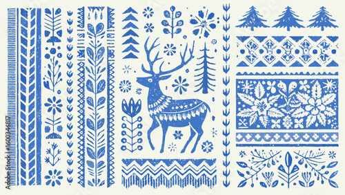 Blue folk art pattern with deer trees and floral elements in a scandinavian style inspired christmas design silhouette