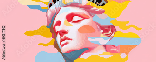 Pop art illustration of statue with crown, featuring vibrant colors and abstract shapes. artwork evokes sense of freedom and creativity, blending modern aesthetics with classic elements
