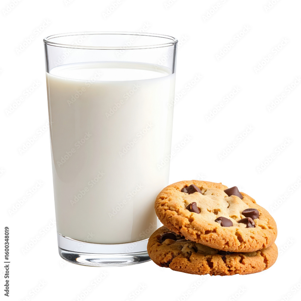 A Tall Glass Of Cold Milk Next To Two Stacked Chocolate Chip Cookies isolated on transparent background. PNG die-cut for advertising A Tall Glass Of Cold Milk Next To Two Stacked Chocolate Chip Cookies isolated on transparent background. PNG die-cut for advertising