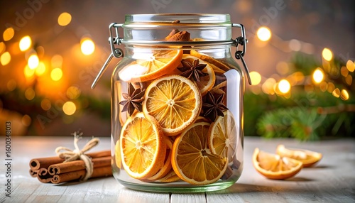 Glass jar filled with dried orange slices, cinnamon sticks, and star anise, against a bokeh background
