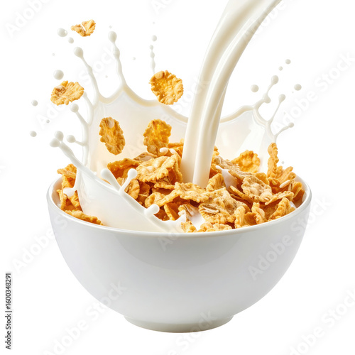 A white bowl filled with cornflakes with milk splashing and pouring into the cereal isolated on transparent background. PNG die-cut for advertising