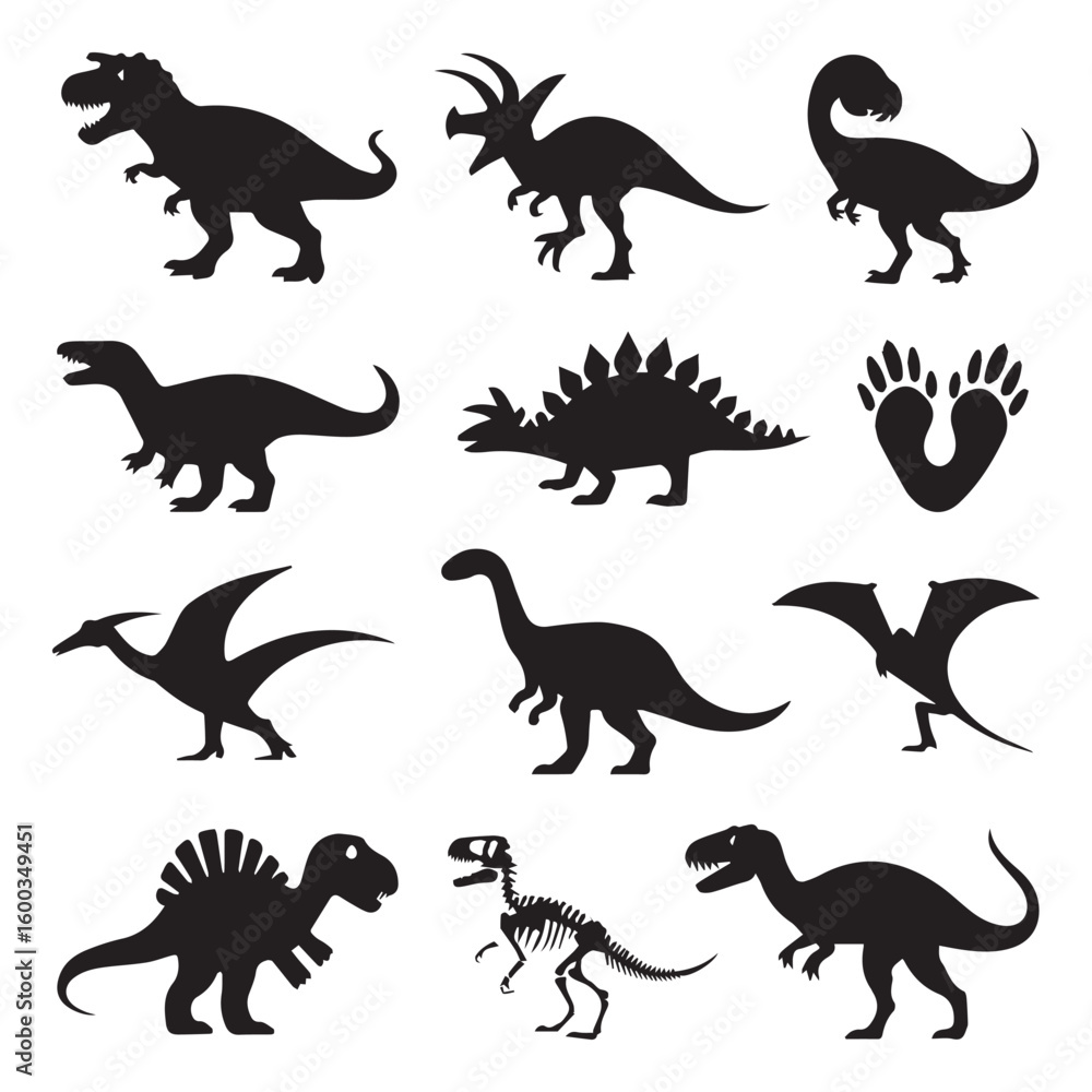 Vector art of a collection of diverse dinosaur silhouettes and a footprint, representing various prehistoric creatures Vector art of a collection of diverse dinosaur silhouettes and a footprint, representing various prehistoric creatures