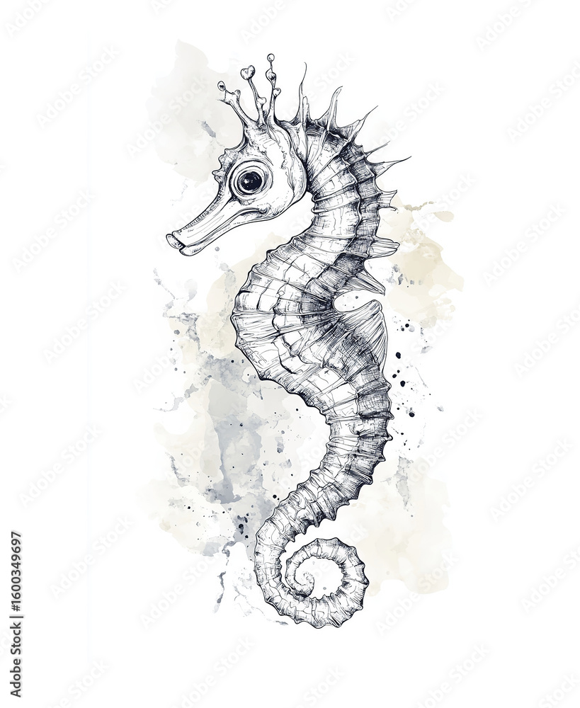 Fototapeta premium Intricate black and white seahorse sketch with crown and abstract watercolor