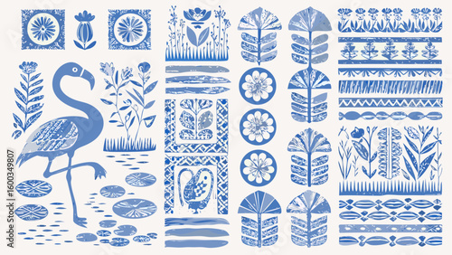 Blue flamingo and floral pattern with decorative elements in a folk art style illustration art silhouette