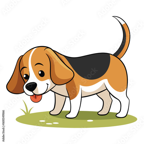 A curious happy beagle, intently sniffing the ground, showcasing its keen sense of smell and playful exploration.