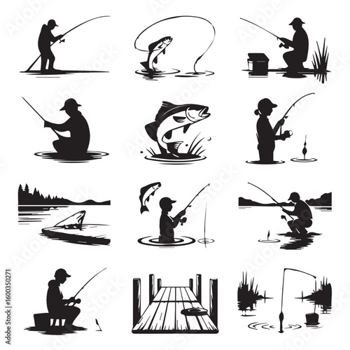 Vector art of a collection of silhouettes depicting various fishing activities and scenes