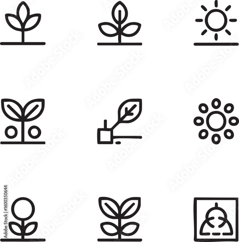 Plant growth vector icon set minimalist style,editable stroke seedling,sprout,leaves,sun,flower,growing plant,agriculture,botany,nature,gardening icon set