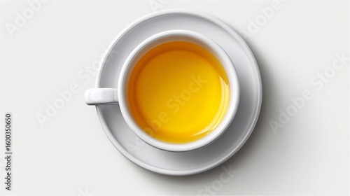 Minimalistic top-down view of a cup of vibrant golden tea on a clean white saucer