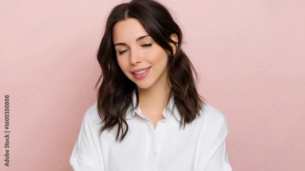 A woman with long brown hair is smiling and wearing a white shirt. She is posing for a picture A woman with long brown hair is smiling and wearing a white shirt. She is posing for a picture