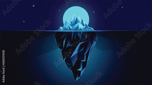 Iceberg Under the Moonlight: A breathtaking illustration of an iceberg, its majestic form partially submerged beneath the tranquil surface of a dark sea, bathed in the ethereal glow of the moon.