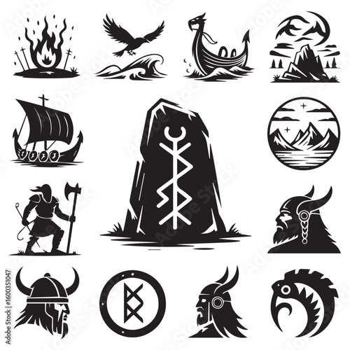 Vector art of a compilation of vikingthemed symbols and imagery, featuring warriors, longships, and runestones