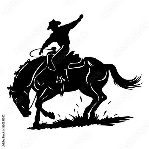 Vector silhouette illustration of a rodeo bucking bronco and rider isolated on white
