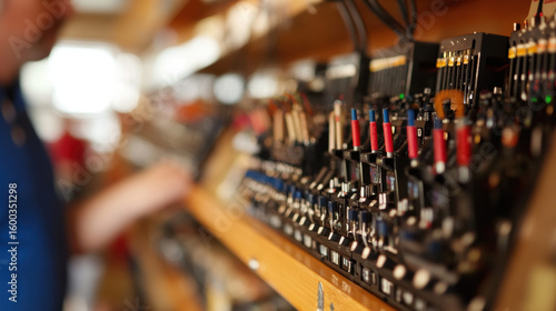 Wallpaper Mural Collection of various electronic switches and sensors displayed on wooden shelf, showcasing intricate designs and vibrant colors. scene conveys sense of technology and innovation Torontodigital.ca