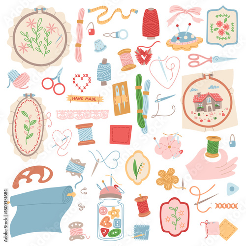 set of items for sewing, embroidery. flat color illustration. Threads, needles, fabrics, various embroideries, buttons, scissors, needle cushion. For packaging related to handicrafts, hand-made items.