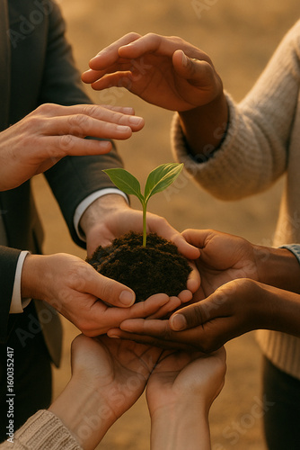 Vielfalt und Zusammenhalt – Hände halten Erde mit junger Pflanze