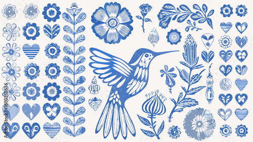 Blue floral and heart pattern with hummingbird illustration on a white background design element silhouette