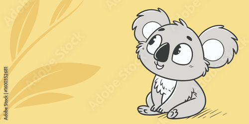  Vector illustration of cute illustrated koala character sitting against attractive yellow background.