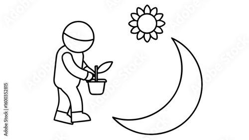 Astronaut Planting Sunflower Seedling Crescent Moon Sun