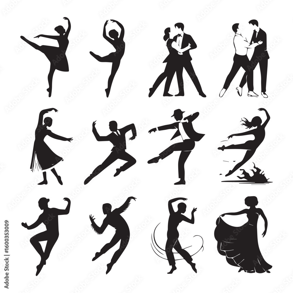 Naklejka premium Vector art of an elegant collection of dancers in various poses, showcasing the beauty of movement and grace