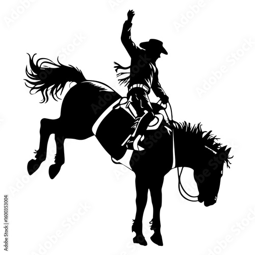 Vector silhouette illustration of a rodeo bucking bronco and rider isolated on white