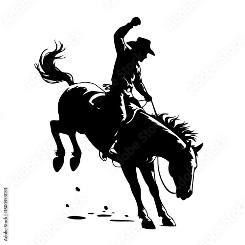 Vector silhouette illustration of a rodeo bucking bronco and rider isolated on white