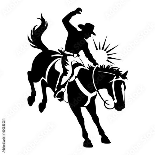 Vector silhouette illustration of a rodeo bucking bronco and rider isolated on white