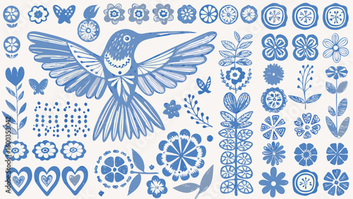 Illustration of a blue hummingbird surrounded by various floral and heart shaped designs on a white background silhouette