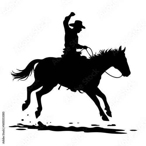 Vector silhouette illustration of a rodeo bucking bronco and rider isolated on white