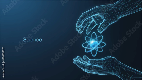 Science Unveiled: The hands of scientific discovery, holding an atomic structure within a digital network, illustrating concepts of study and knowledge. 