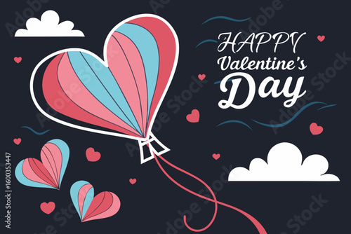 Happy Valentine's Day banner. Holiday background design with big heart made of pink, red and blue Origami Hearts on black fabric background. Horizontal poster, flyer, greeting card, header for website