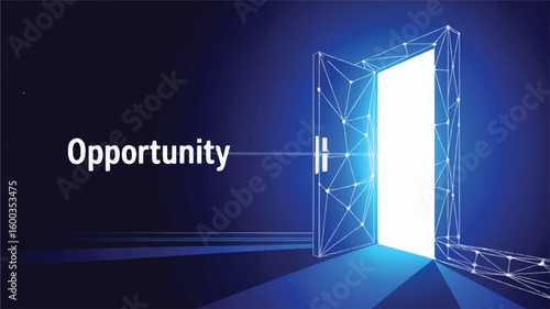 Gateway of Opportunity: A digital rendering presents an open door, radiating light, symbolic of prospects, gateways, and possibilities, a visual representation of exploration and access.